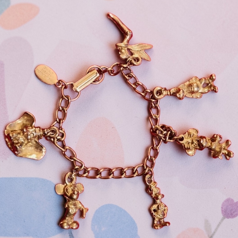 Antique Disney Vintage Childs 6" Silvertone Donald, Mickey Dumbo Bracelet